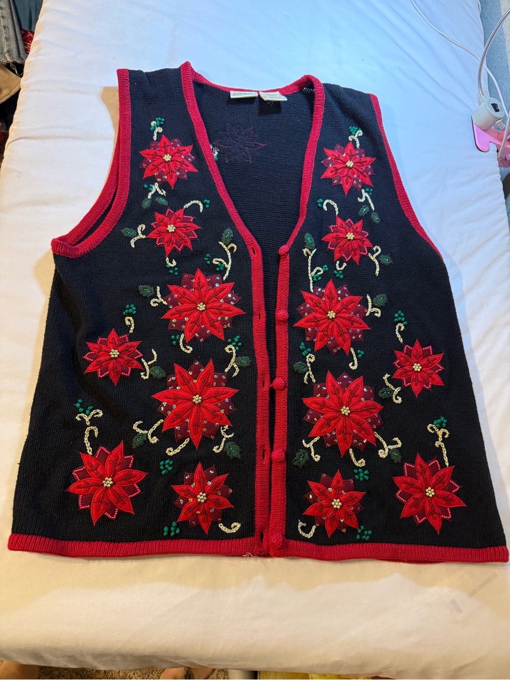 Bobbie Brooks Black Vest with Red Trim and Embroidered Flower